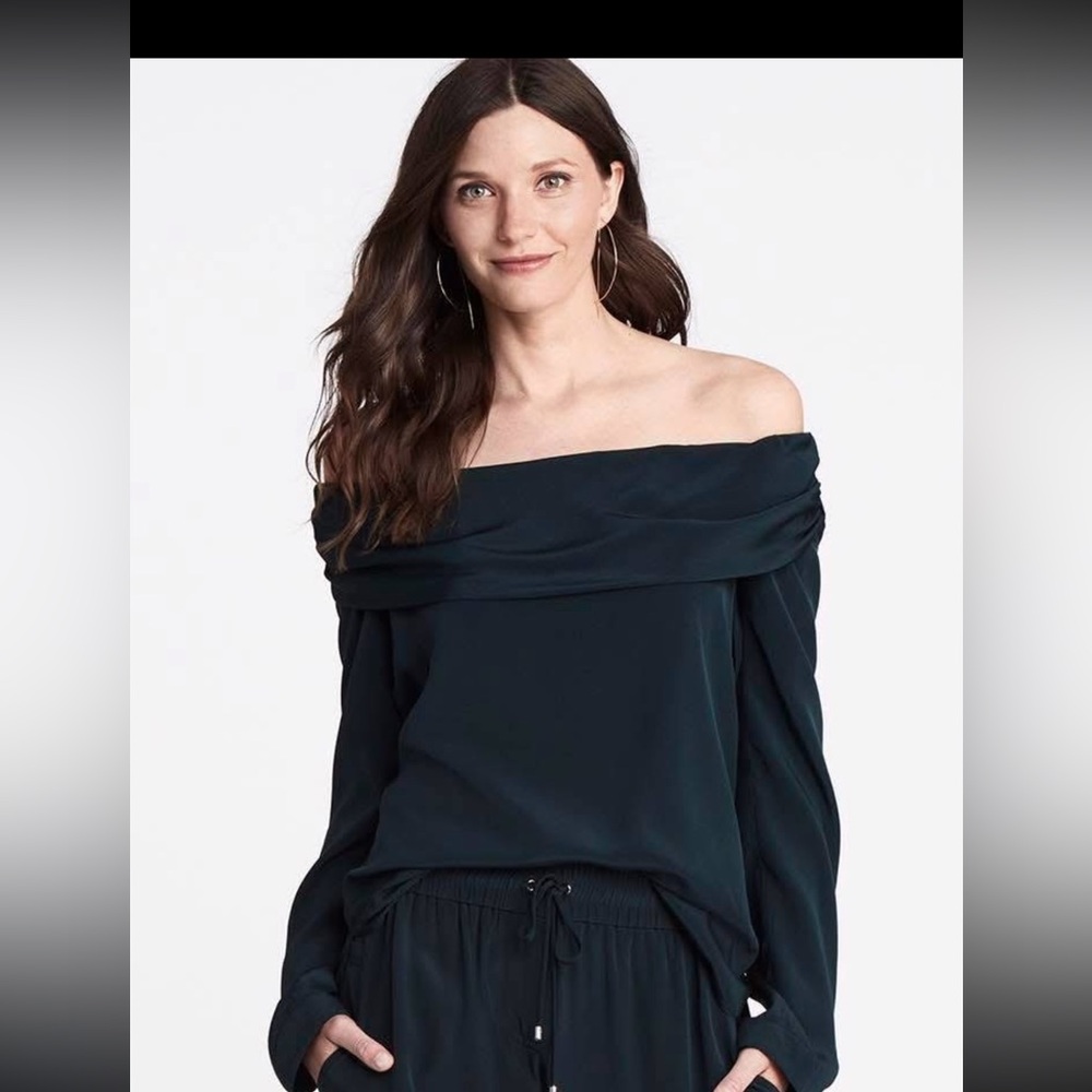 W by Worth Silk Off Shoulder Tunic Blouse Top dark green